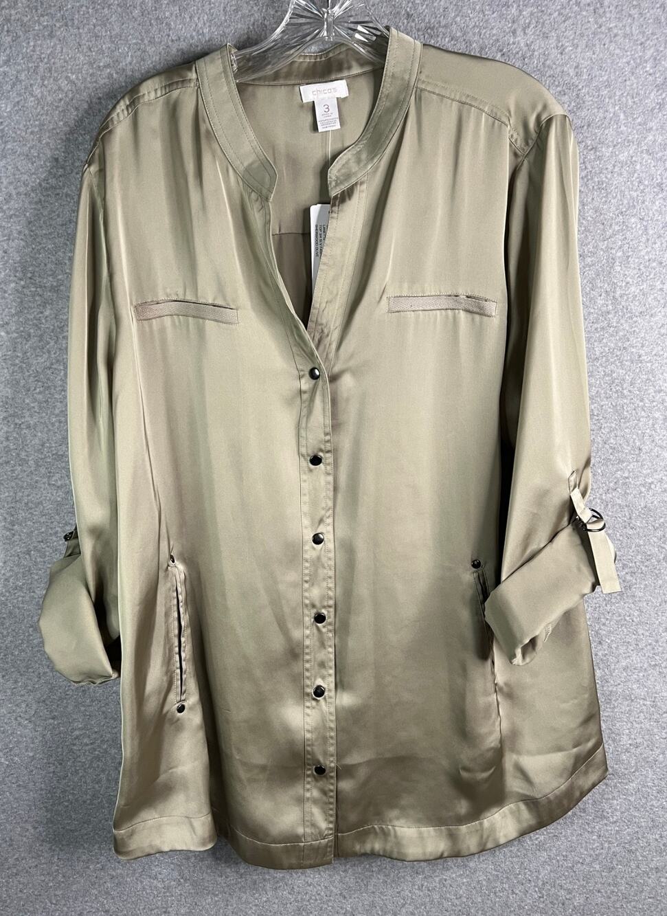 Chico’s Lanette Sleek Shine Mandarin Collar Top Size 3 ~ Womens XL Olive